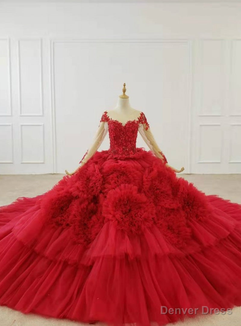 Red Ball Gowns Tulle Long Sleeve Appliques Beading Wedding Dresses With Train