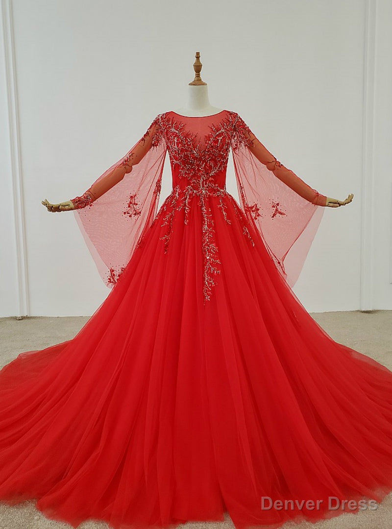 Red Ball Gowns Tulle Long Sleeve Beading Sequins Wedding Dresses Main image