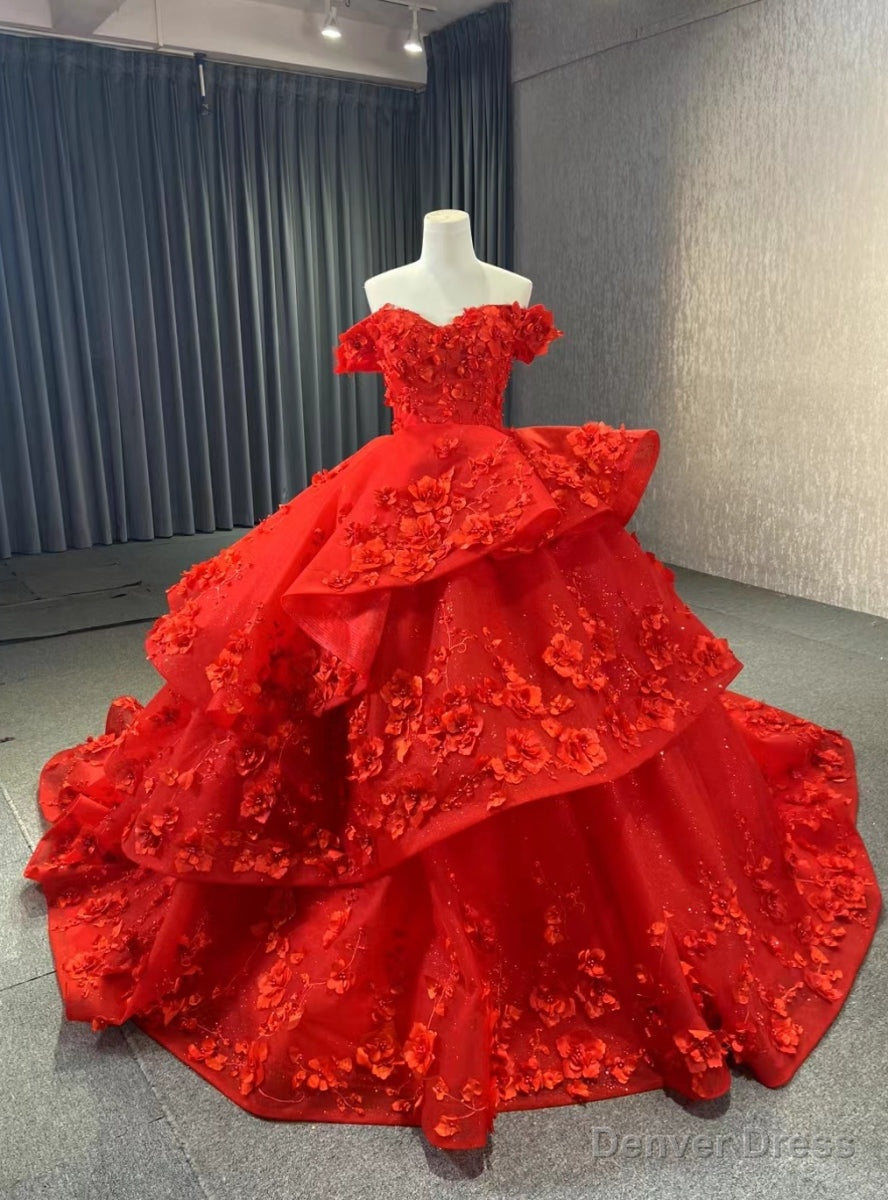 Red Ball Gowns Tulle Off the Shoulder 3D Appliques Prom Dresses Main image