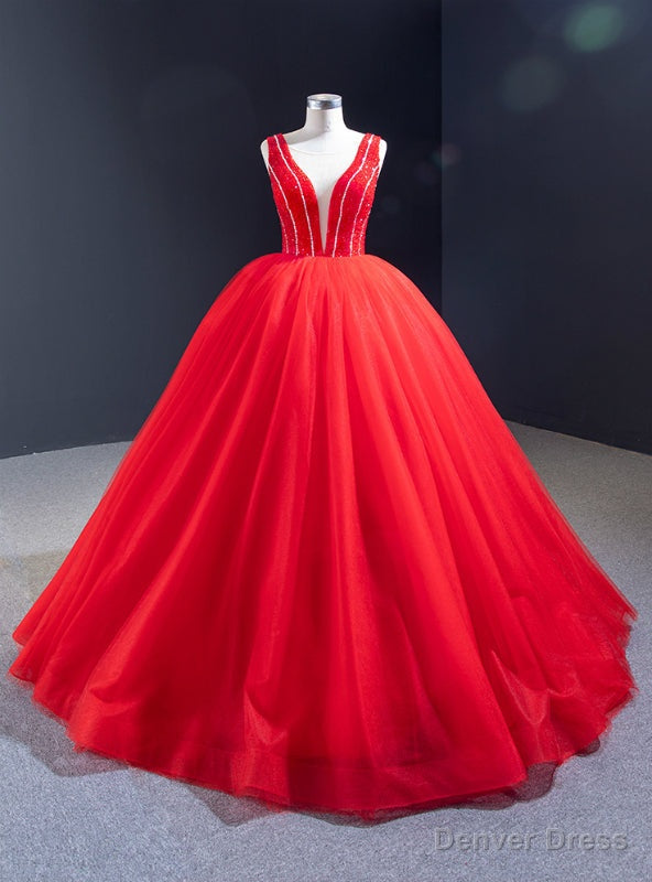 Red Ball Gown Tulle See Through V-neck Backless Beading Prom Dress Main image
