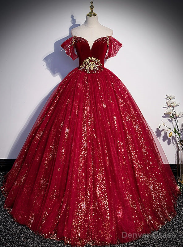Red Ball Gowns Tulle Sequins Beading Prom Dresses