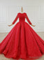 Red Ball Gown Tulle Sequins Long Sleeve Beading Floor Length Wedding Dress