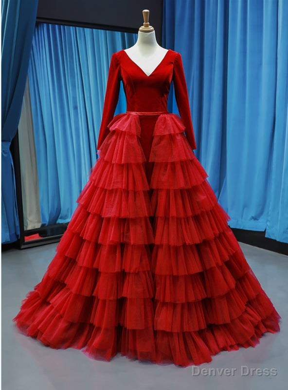 Red Ball Gowns Tulle Velvet Long Sleeve V Neck Haute Couture Prom Dresses Main image