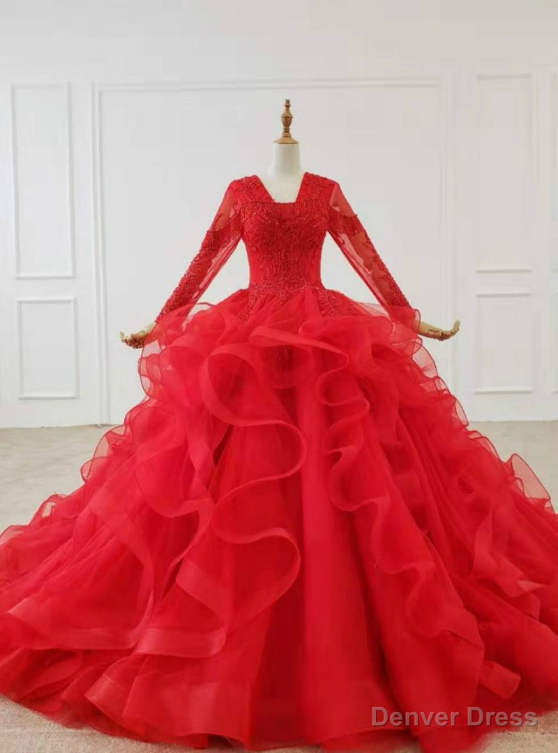 Red Ball Gowns V Neck Long Sleeve Beading Wedding Dresses