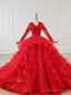 Red Ball Gowns V Neck Long Sleeve Beading Wedding Dresses