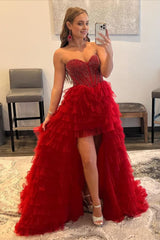 red beaded a line tiered high low prom homecoming dress