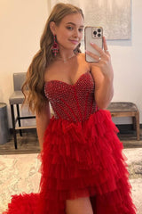 red beaded a line tiered high low prom homecoming dress