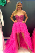 Red Beaded A Line Tiered High Low Prom Homecoming Dresses