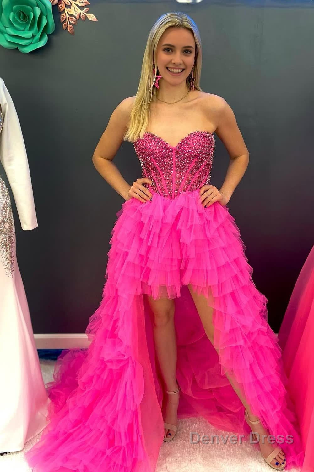 Red Beaded A Line Tiered High Low Prom Homecoming Dresses