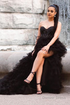 Red Beaded A Line Tiered High Low Prom Homecoming Dresses