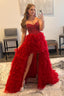 Red Beaded A Line Tiered High Low Prom Homecoming Dresses