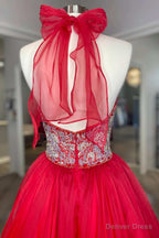 Red Beaded Halter Backless A Line Long Prom Gowns