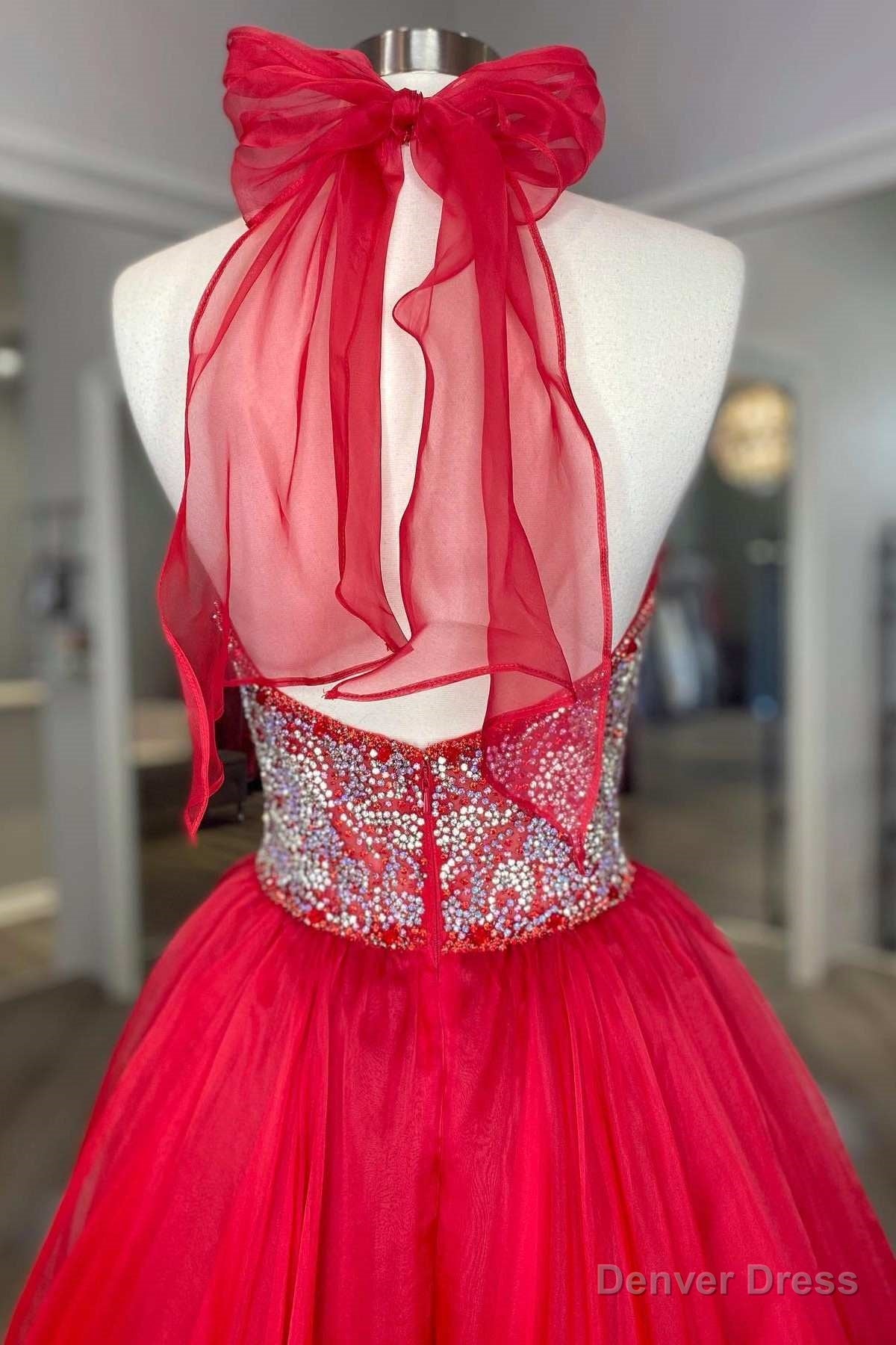 Red Beaded Halter Backless A Line Long Prom Gowns
