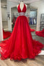 Red Beaded Halter Backless A Line Long Prom Gowns