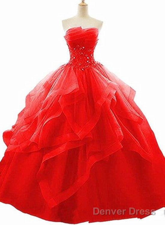 Red Beaded Lacesweet 16 Ball Gown Layers Formal Dress, Prom Dress Party Gowns Red Lace Evening Dresses Main image
