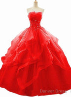 Red Beaded Lacesweet 16 Ball Gown Layers Formal Dress, Prom Dress Party Gowns Red Lace Evening Dresses