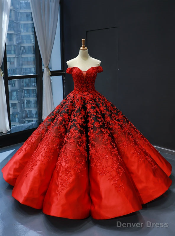 Red Black Ball Gowns Satin Appliques Off the Shoulder Quinceanera Dresses Main image