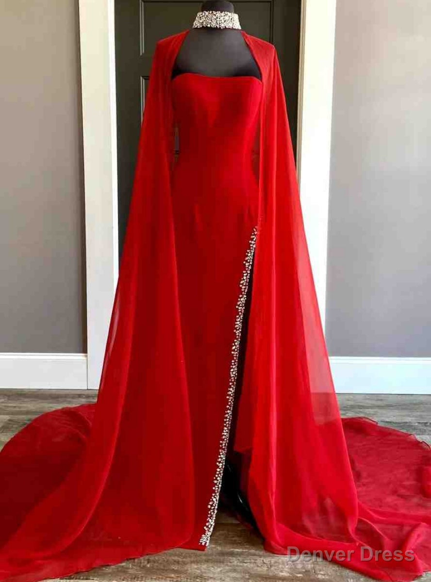 Red Chiffon Side Slit Beading Prom Dresses With Cape Main image