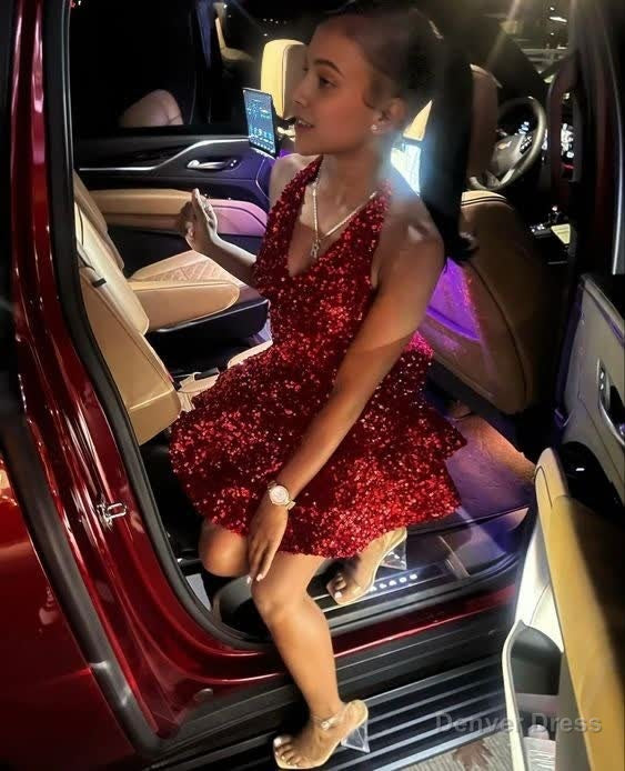 Red Cocktail Dresses A-Line V-Neck Shiny Sequin Homecoming Dresses Secondary image