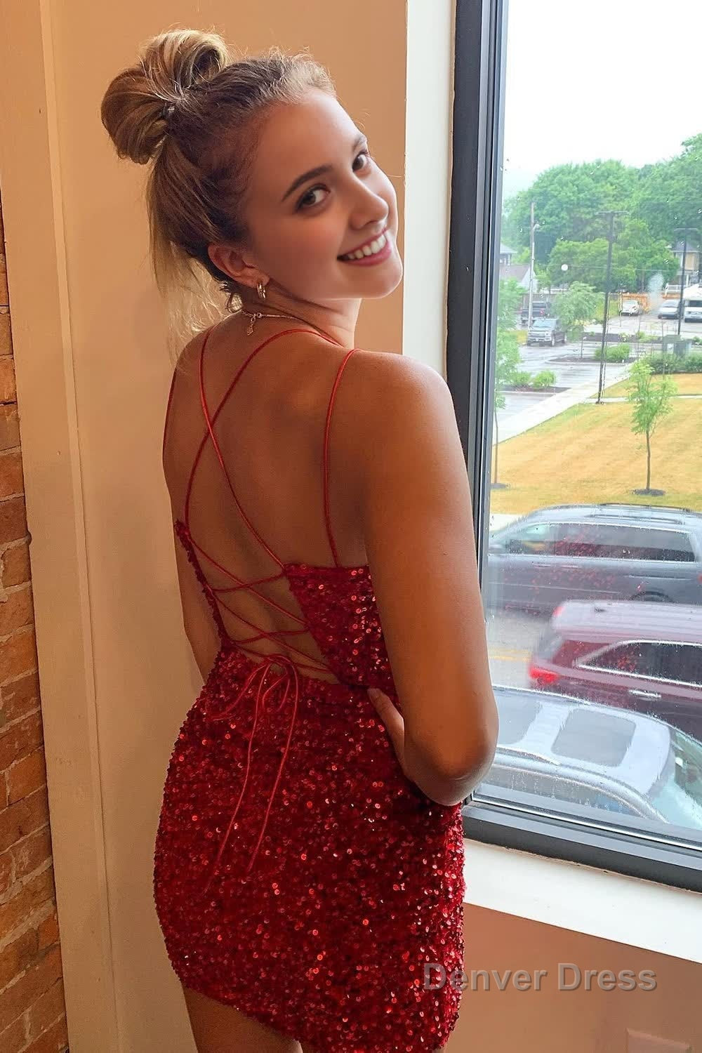 Red Criss Cross Straps Sequins Tight Short Hoco Dresses Secondary image