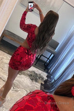 Red Cut Glass Mirror One-Sleeve Cutout Short Cocktail Gown