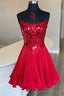 Red Cut Glass Mirror Strapless A Line Gathered Prom Dresses