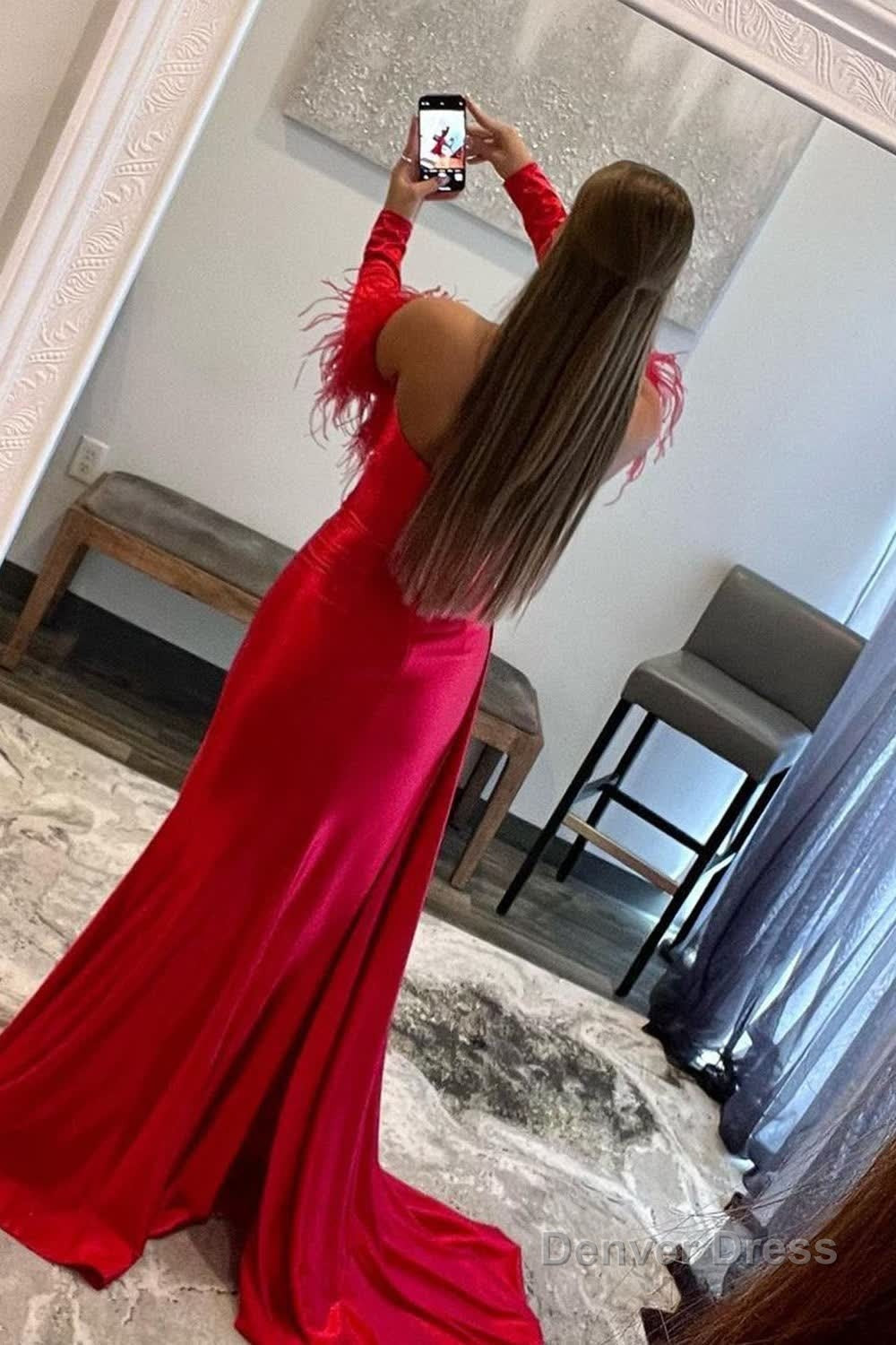 Red Detachable Long Sleeves Long Prom Dresses with Feathers