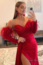 Red Detachable Long Sleeves Long Prom Dresses with Feathers