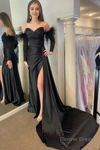 Red Detachable Long Sleeves Long Prom Dresses with Feathers
