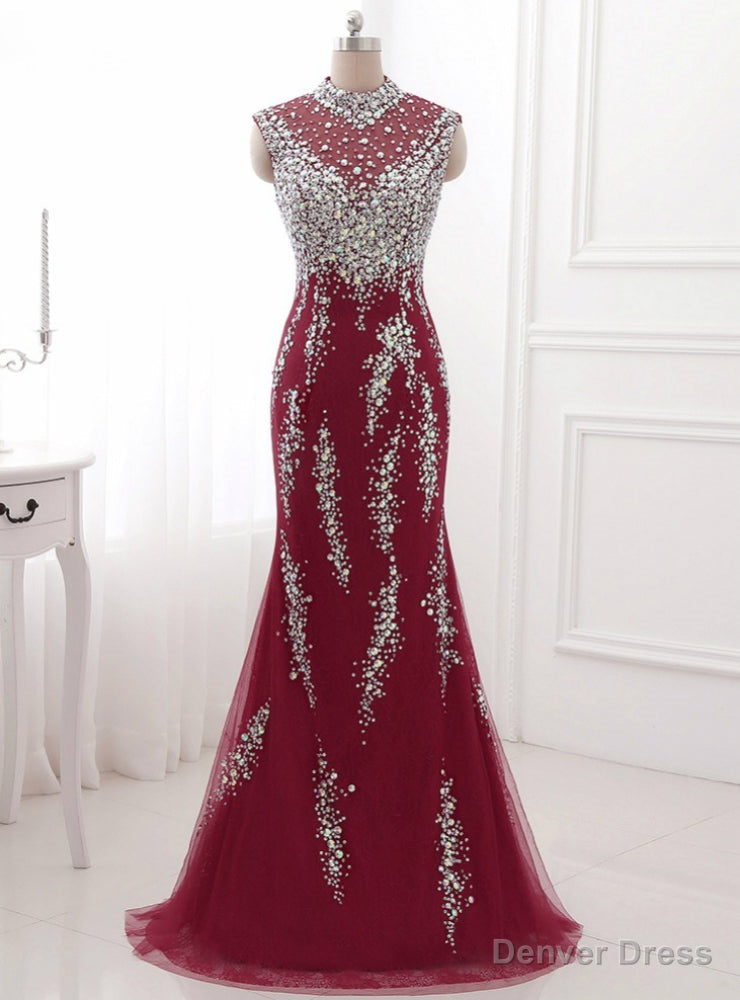Red Prom Dress Crystal Long Prom Dresses Sexy Illusion Main image