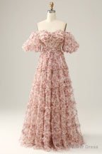 Red Floral Off the Shoulder Long Prom Dresses