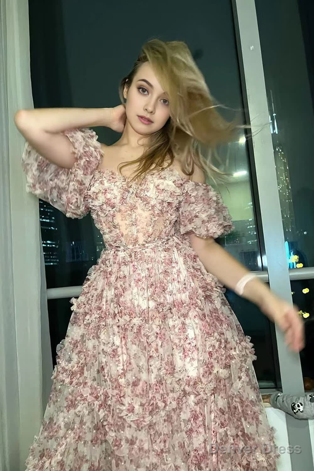 Red Floral Off the Shoulder Long Prom Dresses