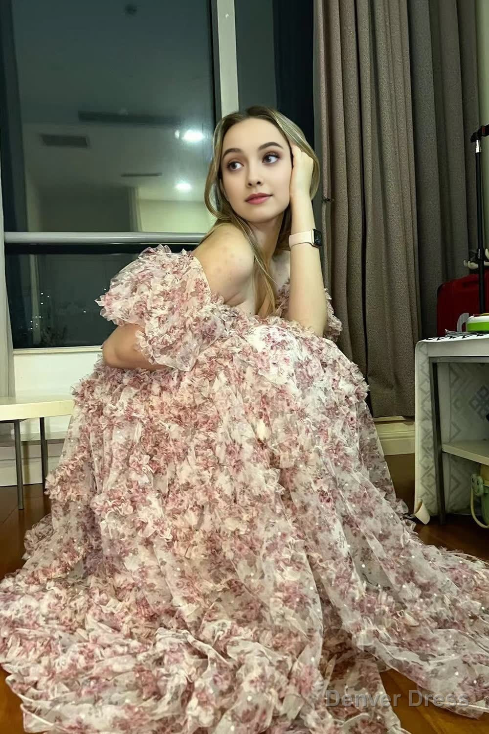 Red Floral Off the Shoulder Long Prom Dresses