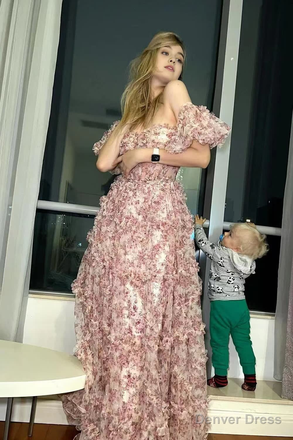 Red Floral Off the Shoulder Long Prom Dresses
