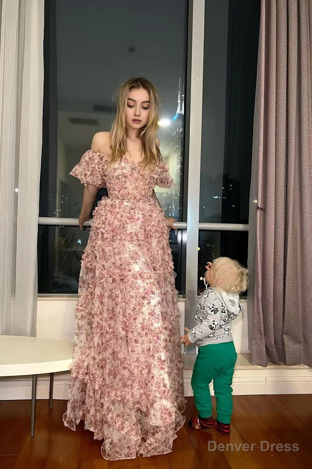 Red Floral Off the Shoulder Long Prom Dresses Main image