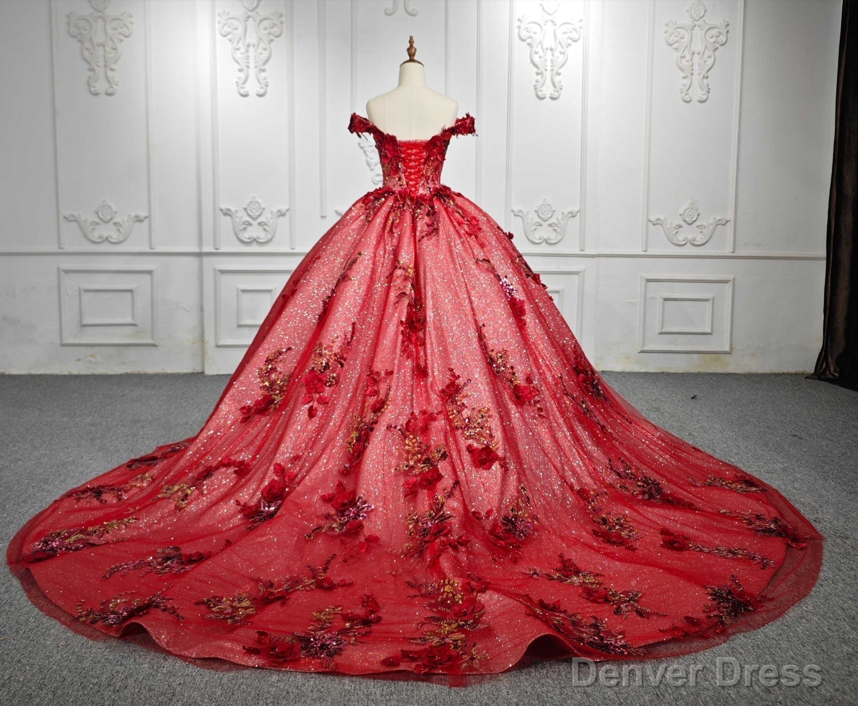 Red Flower Off The Shoulder Quinceaera Dresses