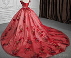 Red Flower Off The Shoulder Quinceaera Dresses