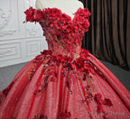 Red Flower Off The Shoulder Quinceaera Dresses