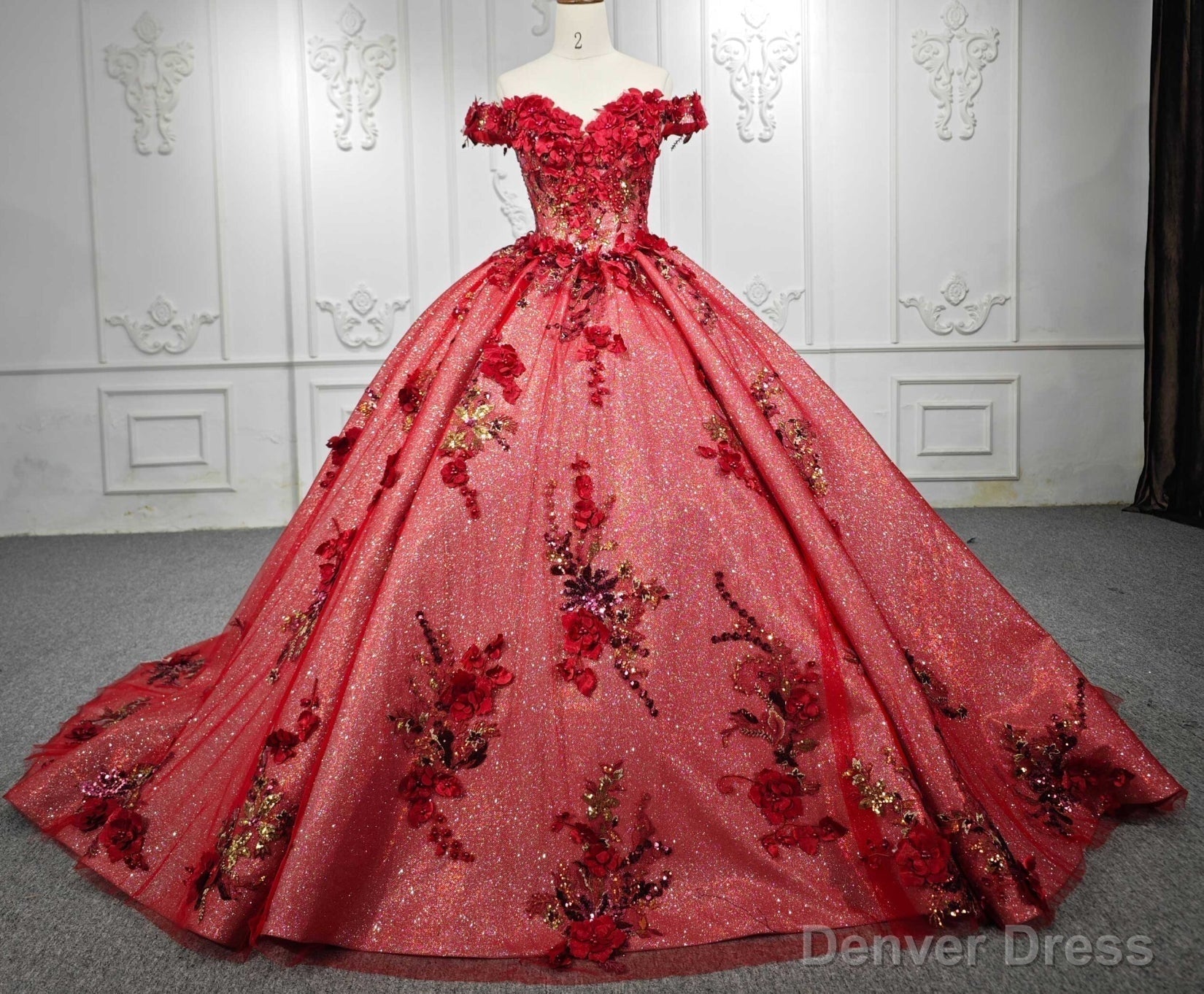 Red Flower  Off-the-Shoulder Quinceaera Dress Main image