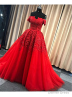 Red Gorgeous Sweetheart Off Shoulder Lace Applique Ball Gowns Prom Dress, Red Prom Dress