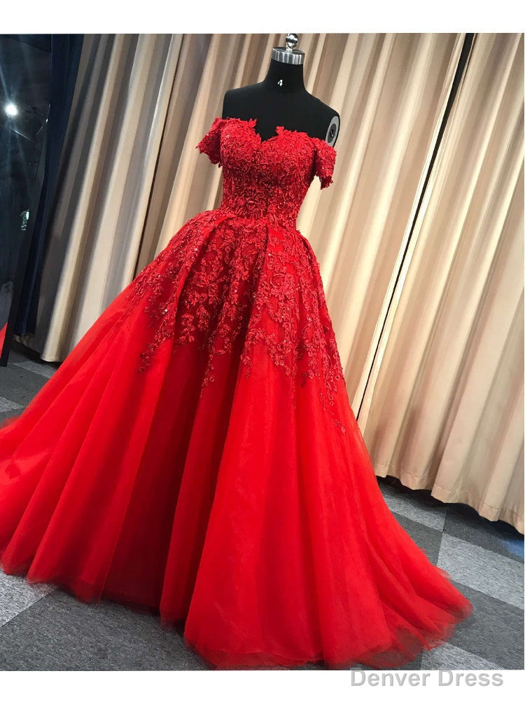 Red Gorgeous Sweetheart Off Shoulder Lace Applique Ball Gowns Prom Dress, Red Prom Dress