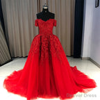 Red Gorgeous Sweetheart Off Shoulder Lace Applique Ball Gowns Prom Dress, Red Prom Dress