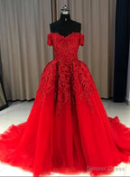 Red Gorgeous Sweetheart Off Shoulder Lace Applique Ball Gowns Prom Dress, Red Prom Dress
