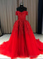 Red Gorgeous Sweetheart Off Shoulder Lace Applique Ball Gowns Prom Dress, Red Prom Dress