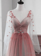 Red Gradient A Line Tulle with Lace Prom Dress, Red Floor Length Prom Dresses