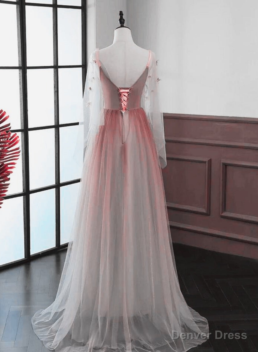 Red Gradient A Line Tulle with Lace Prom Dress, Red Floor Length Prom Dresses Secondary image