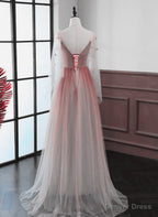 Red Gradient A Line Tulle with Lace Prom Dress, Red Floor Length Prom Dresses