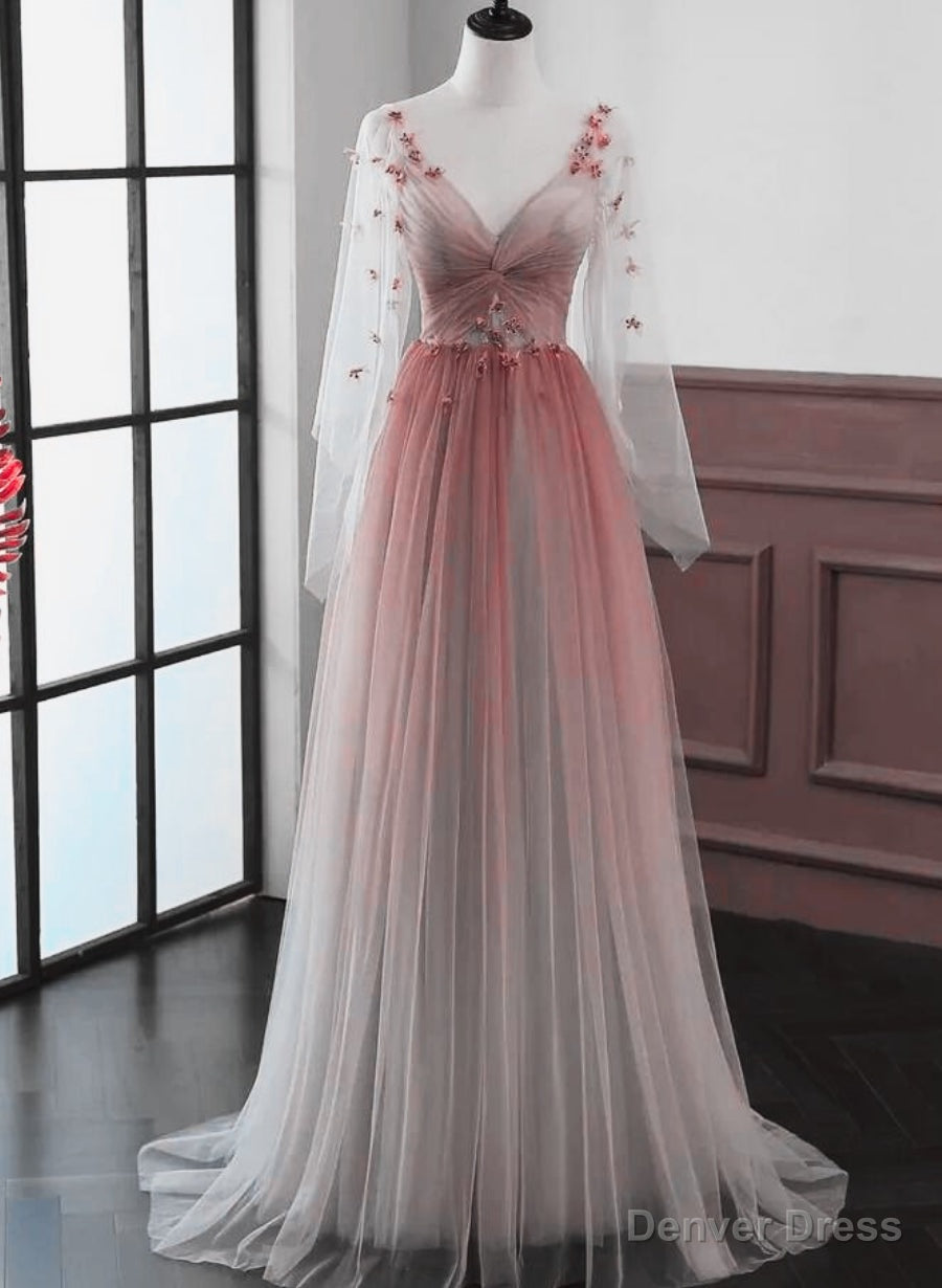 Red Gradient A Line Tulle with Lace Prom Dress, Red Floor Length Prom Dresses Main image