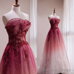 Red Gradient Prom Dress Vintage Strapless Red Wedding Dress Evening Dress