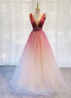 Red Gradient Tulle Beaded Long Prom Dress Prom Dress, V Neckline Prom Dresses